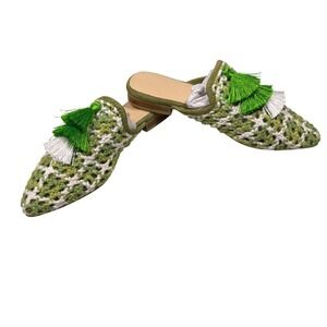 Rag & Co Green White Crochet Tassel Mules Pointed Toe Handcrafted Flats Womens 6